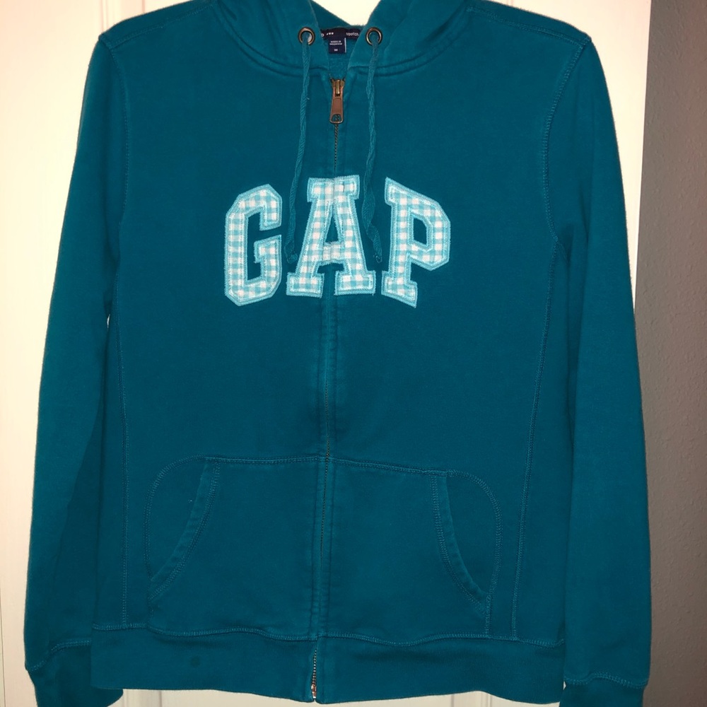 GAP teal zip up hoodie. Gingham logo.